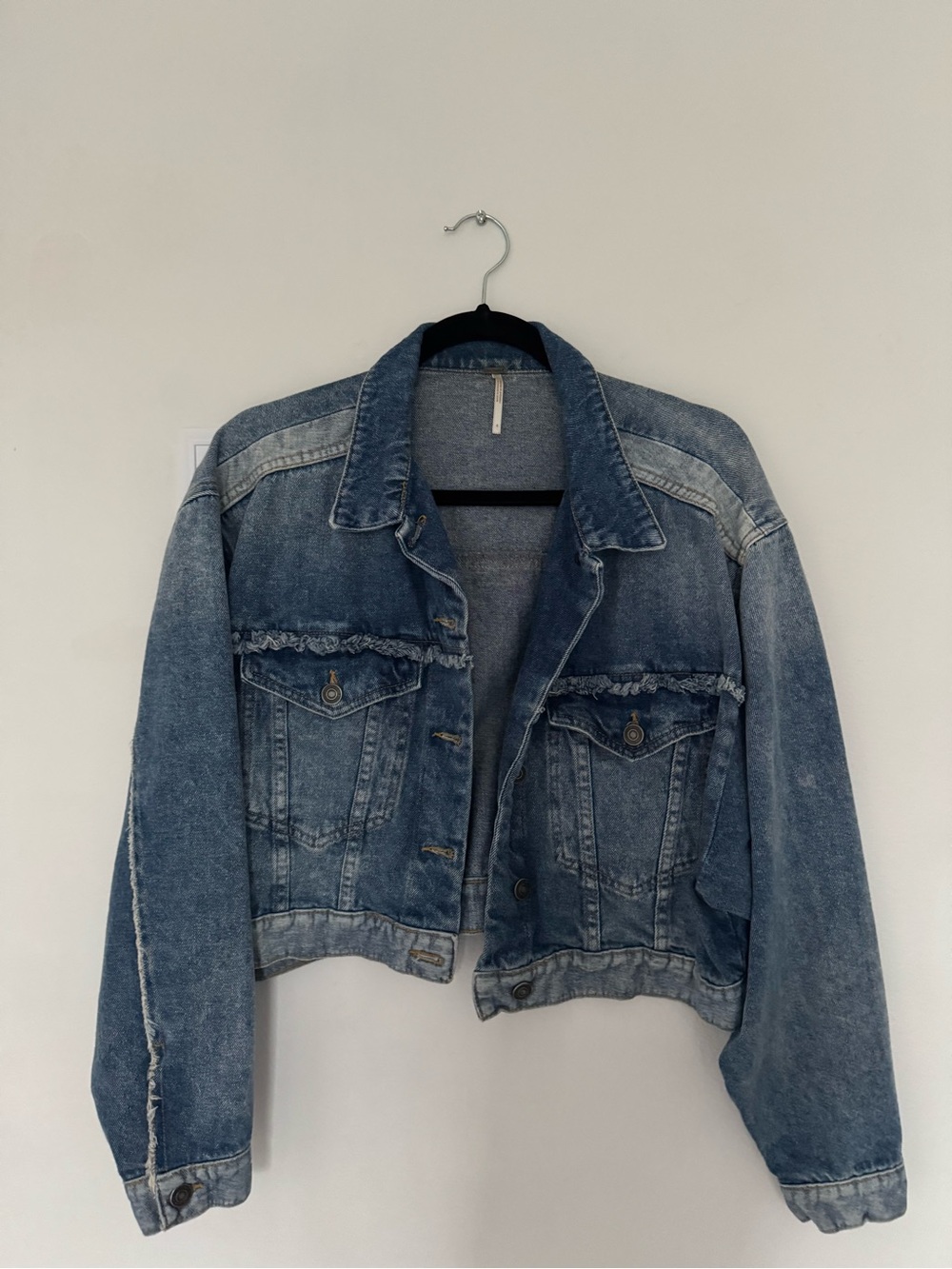 Free People Distressed Cropped Blue Denim Jacket - Picture 1 of 6